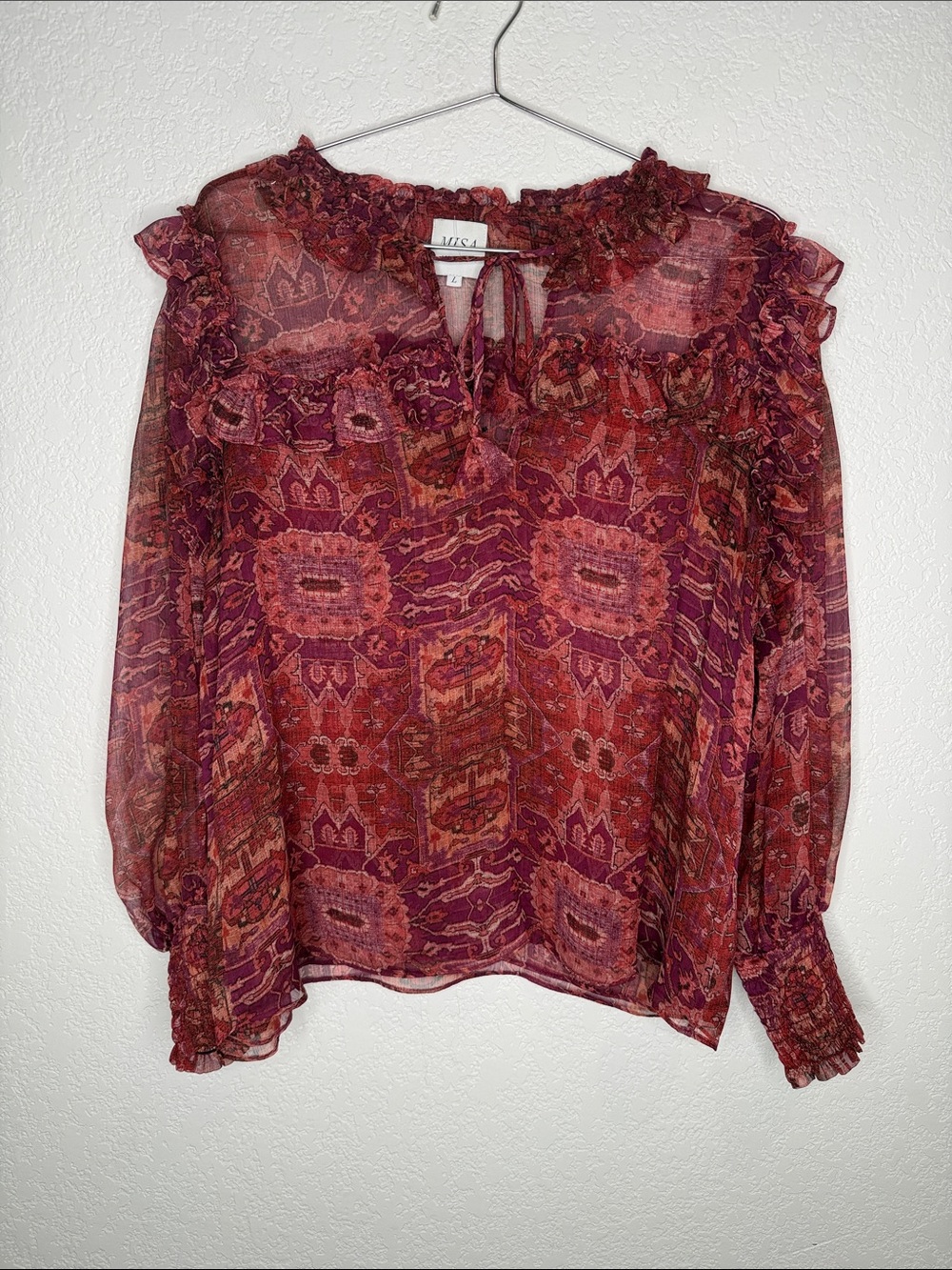 MISA Raffi Top Maroon Ruffle Large Anthropologie - Picture 2 of 13